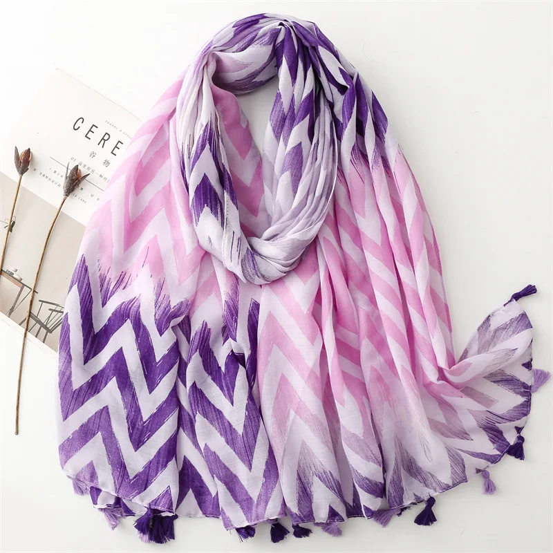 2024 Fashion Ombre Wave Striped Line Tassel Viscose Shawls Scarf High Quality Wrap Pashmina Stole Bufandas Muslim Hijab 180*90Cm