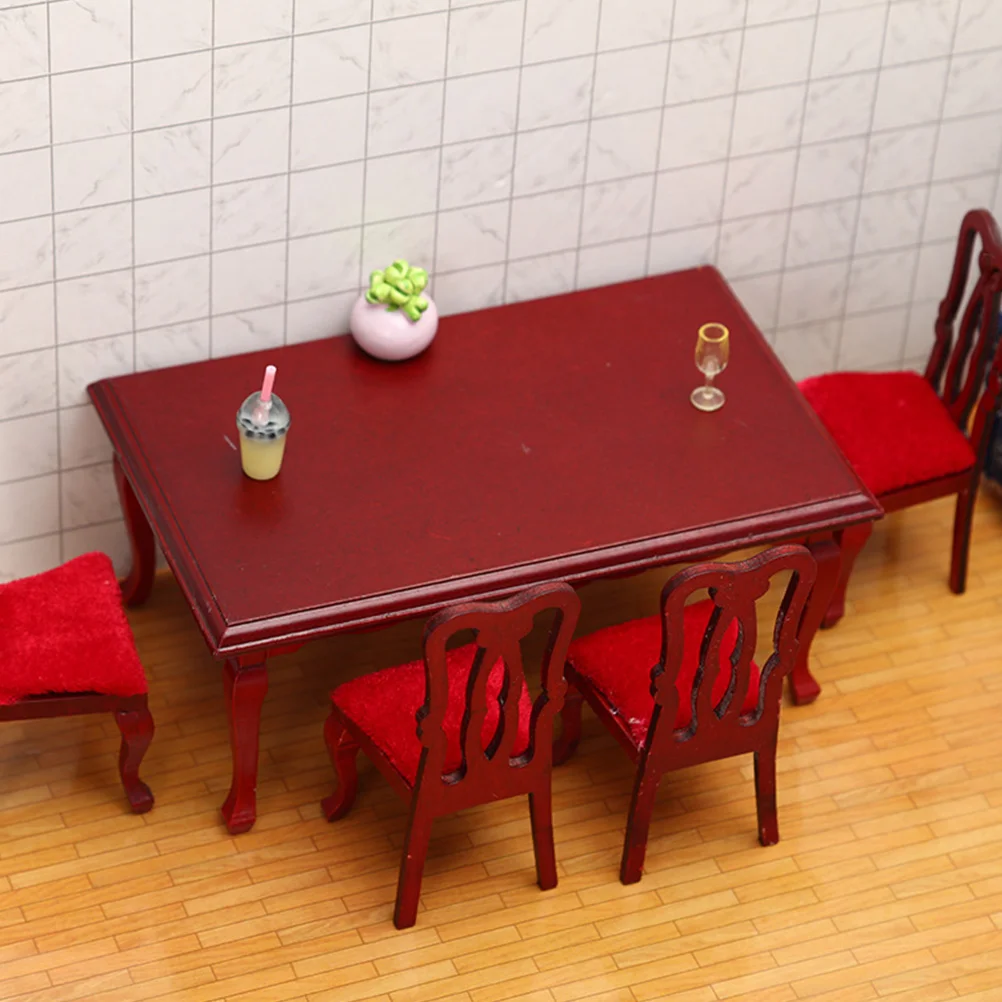Mini conjunto de cadeiras de jantar de madeira, móveis para casa de bonecas, mesa de brinquedo, decorações vermelhas para crianças, acessórios de cozinha em miniatura para sala de jogos