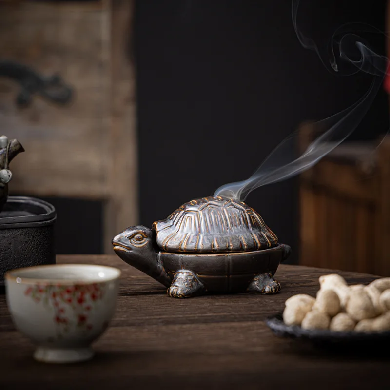 Ceramic Turtle Incense Burner with Lid, Incense Stick and Cone Holder with Ash Catcher, Zen Decor for Home Tea Room Meditation