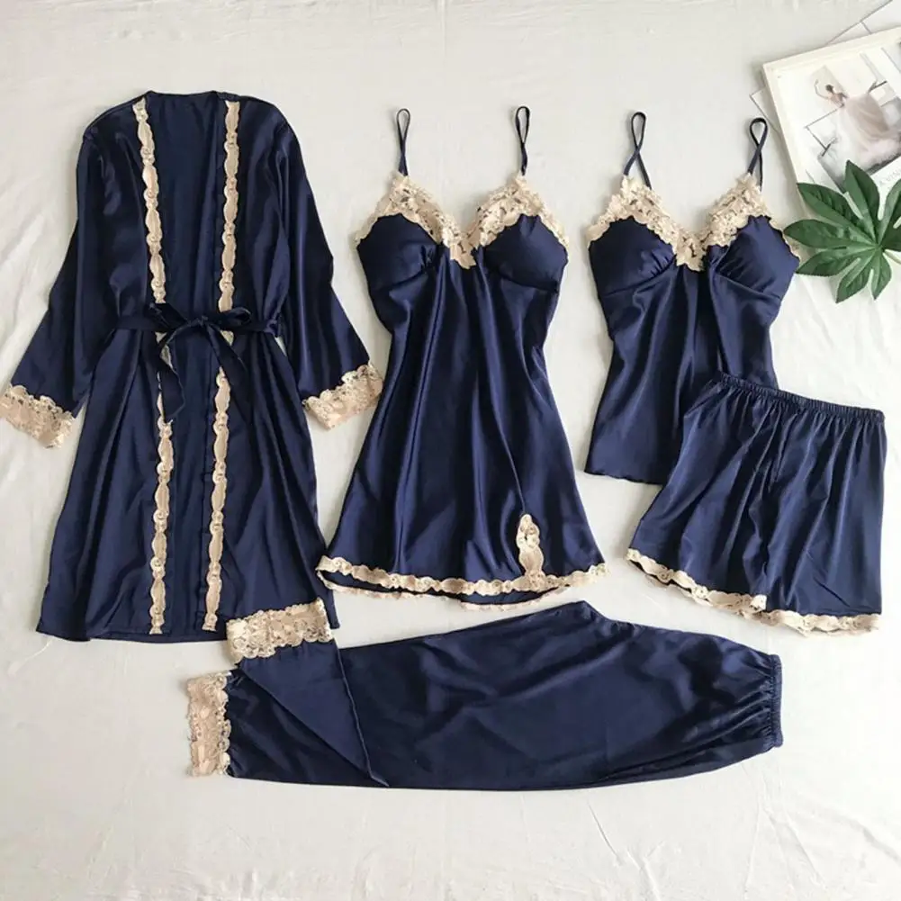 Long Short Nightgown Set Elegant Satin Lace Pajama Set with Lace-up Waist 5-piece Women's Nightwear Set Silky for Comfortable