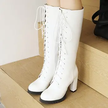 紅色女士過膝長靴 2025 冬季鞋履 繫帶 白色 黑色 馬靴 粗跟鞋 女鞋 大尺碼 45 48 8 最佳銷售 紅色短靴 - №8