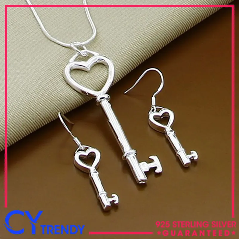 

925 Sterling Silver Heart Shape Key Style Necklaces Earrings Fashion Jewelry Set Accessories