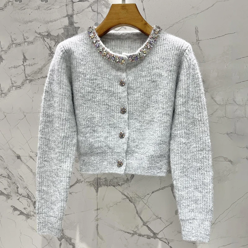 Cárdigan para mujer, nueva camisa de manga larga ajustada de punto elástico con cuello redondo para invierno 2025, suéter de mezcla de lana de oveja y camello para mujer