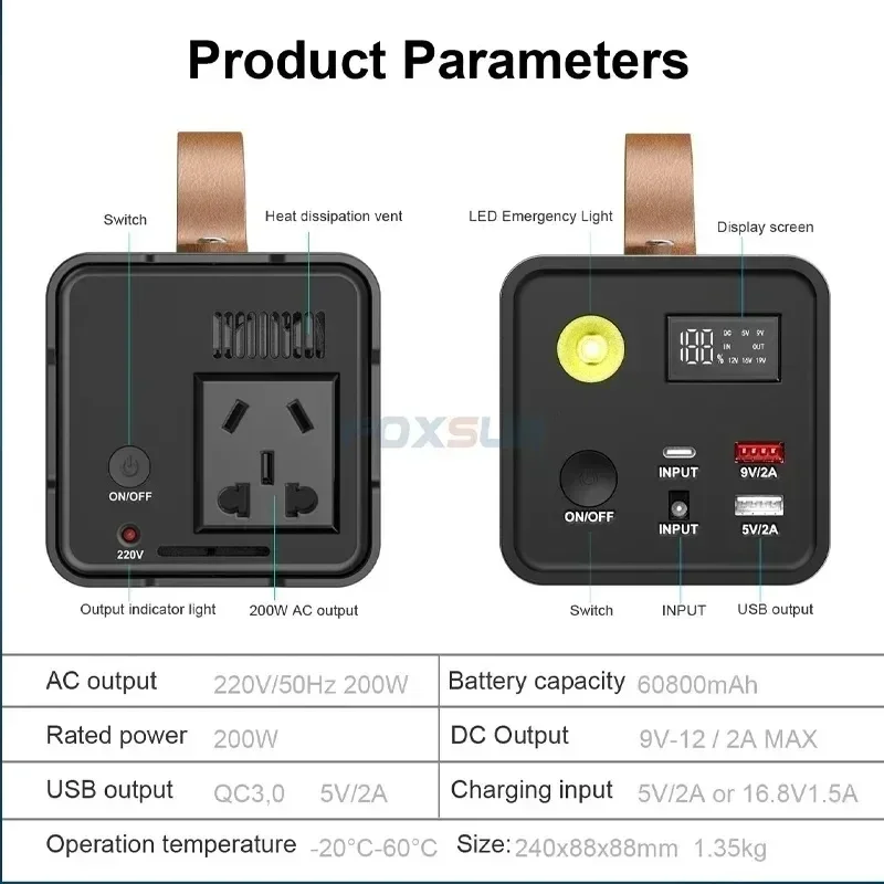 Banco de energía portátil de carga rápida, SPS-200W, salida de 220V CA, 60800mAh, adecuado para iPhone, Huawei, Xiaomi, Samsung, portátil