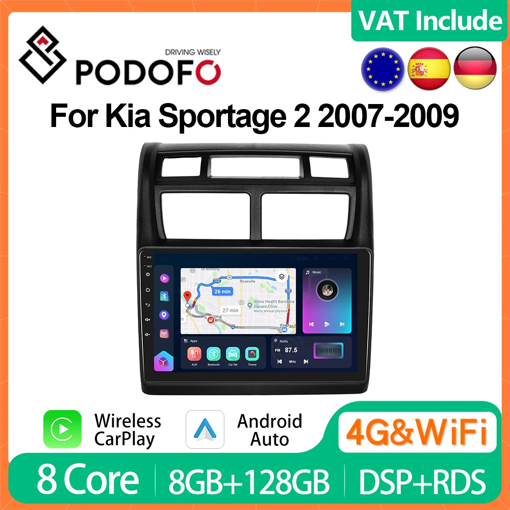 Podofo 4G CarPlay Android Radio For KIA Sportage 2 2007-2009 Car Multimedia Player 2din Head Unit GPS Stereo HiFi IPS Autoradio