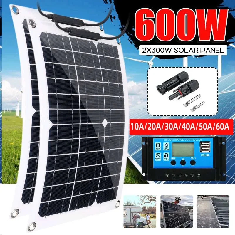 600W Flexible Portable Solar Power Panel Waterproof 12V Battery  Solar Panel Charger Dual USB With 10A-60A Controller Solar Cell