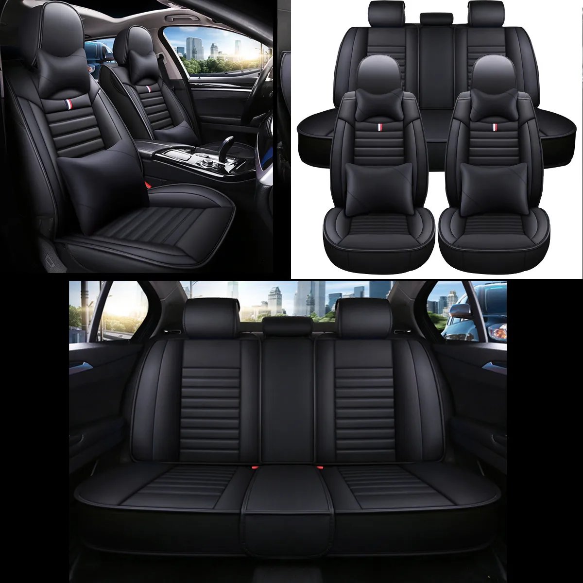 Deluxe 5 Seat Full Car PU Leather Seat Covers with Cushion Fornt and Rear Comfortable for Honda/Toyota/Peugeot/Ford/BMW Universal