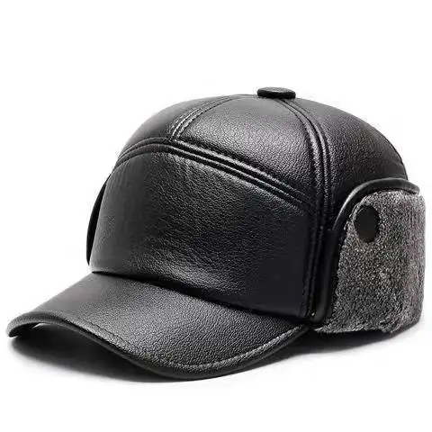 Winter Warm Cap Men Black Leather Fur Baseball Cap Hats for Men Snapback Father Casquette Bones Dad Caps Gorras Earflaps Thicken