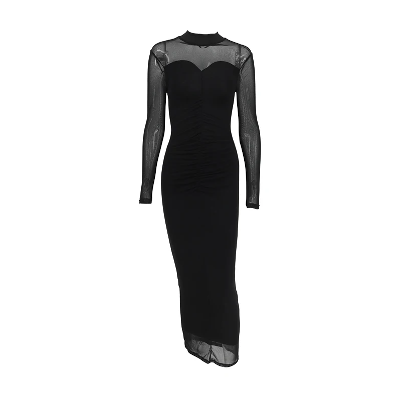 Black Maxi Dress Women Autumn New Fashion Sexy Mesh See Through Dresses Bodycon Casual Long Sleeves Clubwear Elegant Party Dress