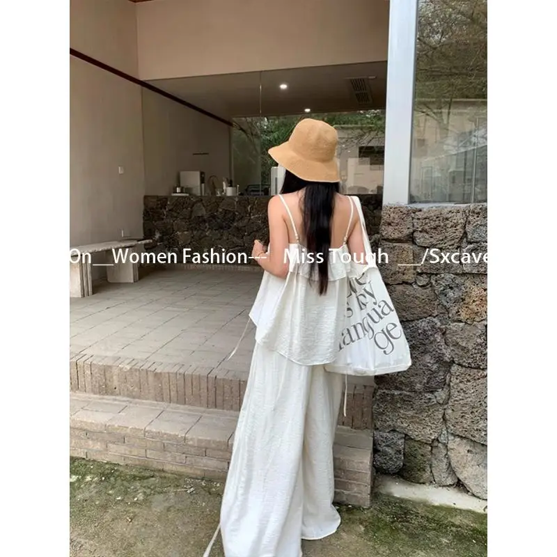 Beach Style Solid 2 Piece Set Women Elegant Casual Loose Thin Sleeveless Vest and Wide Leg Pants Casual Pants Suits Office Lady