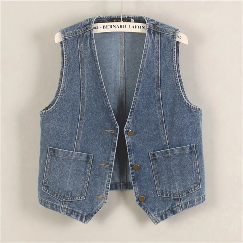 

Vintage Dark Blue Slim Short Denim Vest Spring Summer Women Thin V-Neck Single-Breasted Sleeveless Cowboy Waistcoat Veste Femme