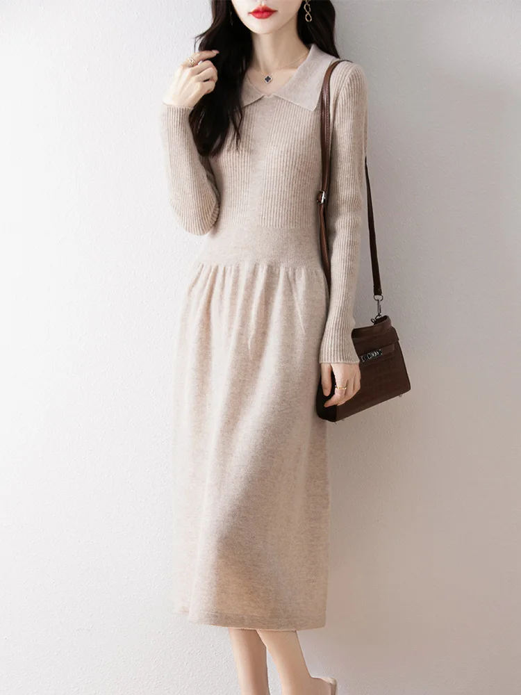 

New Autumn Winter Women's Cashmere Long Dress 100% Merino Wool Polo Collar Pullover Sweater Fit And Flare OL Dress Knitwear