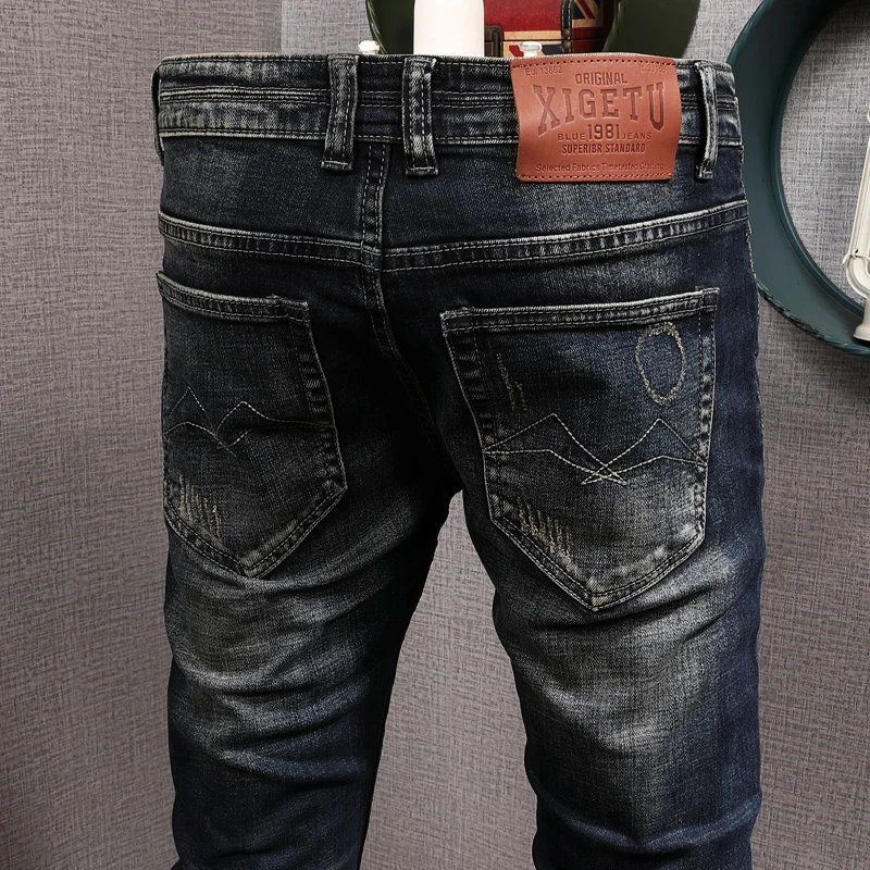 Fashion Designer Men Jeans High Quality Retro Washed Blue Elastic Slim Fit Ripped Jeans Men Trousers Vintage Denim Pants Hombre