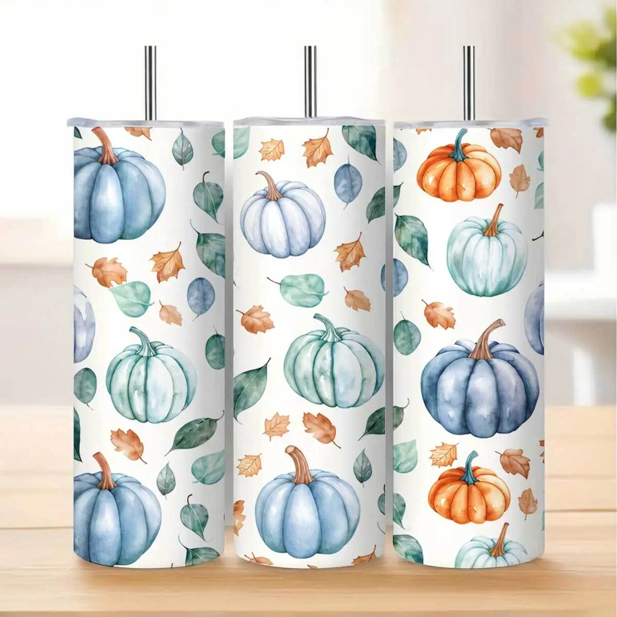 1pc 20oz Watercolor Blue Pumpkin And Autumn Leaves Pattern Stainless Steel Insulated Tumblers Coffee Office Travel Mug with Lid Cup Daily Use Leakproof And Bpa Free Keep Drink Hot And Cold Ideal Gift for Friends Family Colleagues On Thanksgiving Hall