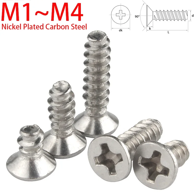 Nickel Plated Phillips Flat Countersunk Head Self-Tapping Screw Flat Tail Screw M1 M1.2 M1.4 M1.7 M2 M2.3 M2.6 M3 M3.5 M4