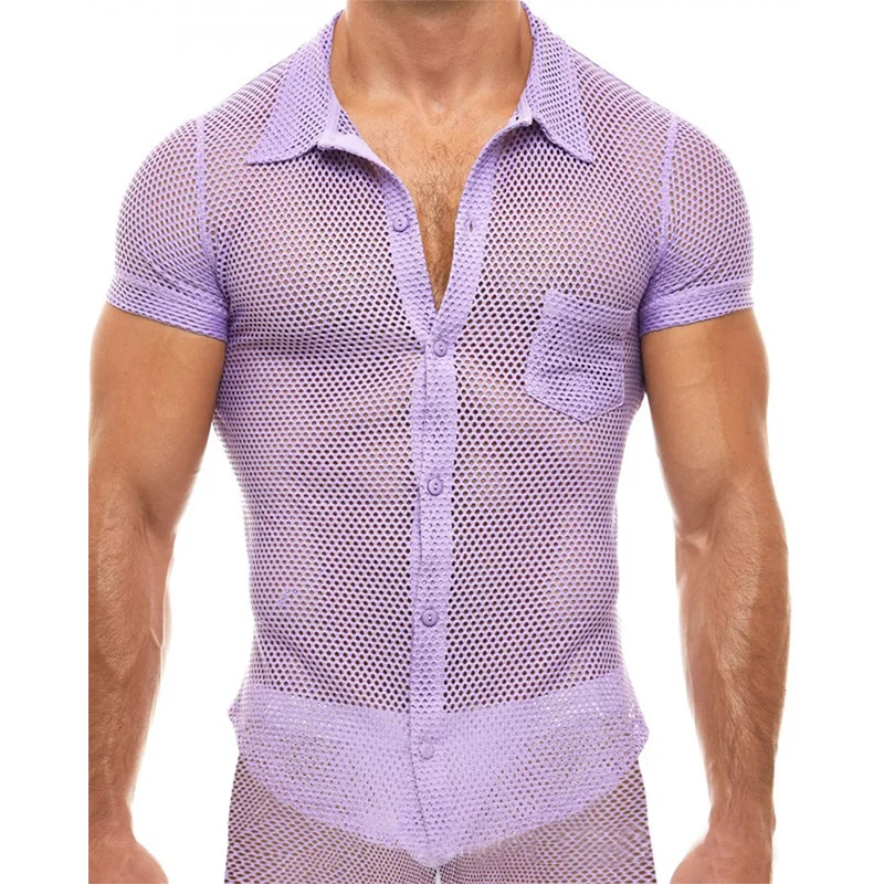 Men's Short Set New Mesh Sexy Suit Top and Pants Two Piece Sets Ropa Para Hombre Outfit for Men