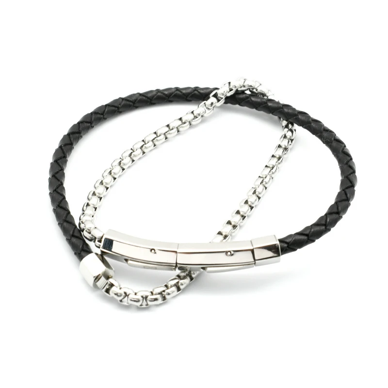 

New Arrival 4mm Genuine Real Braided Leather 304L Stainless Steel Pearl Chains Double Layers Wrapped Bracelets for Men