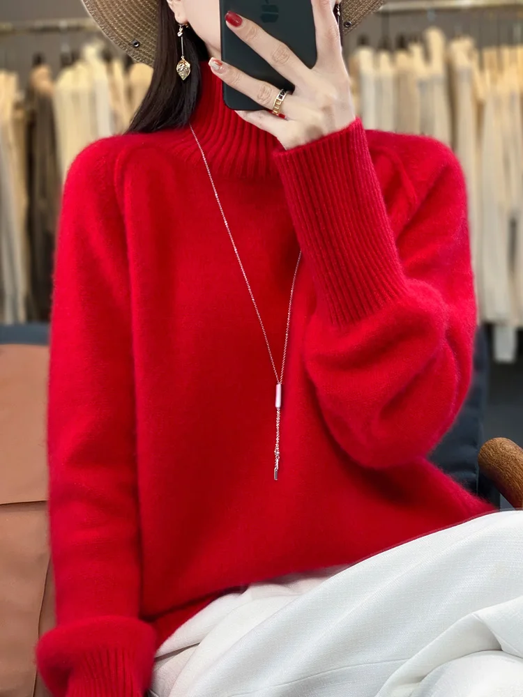 New 100% Merino Wool Women's Turtleneck Pullover Sweater Autumn Winter Thick Long Sleeve Loose Casual Cashmere Knitwear Tops