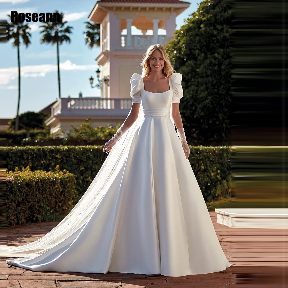 Robe de Mariée Simple en Satin, Col Carré, Manches Bouffantes, Élégante, Fermeture Éclair au Dos, Ligne A, pour Princesse, 2024