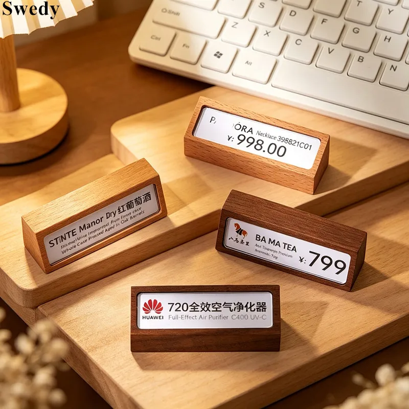 6 Pieces Small Wood Base Acrylic Shelf Labels Holder Tags Name Card Holder Food Paper Ticket Sign Holder Price Label Holders