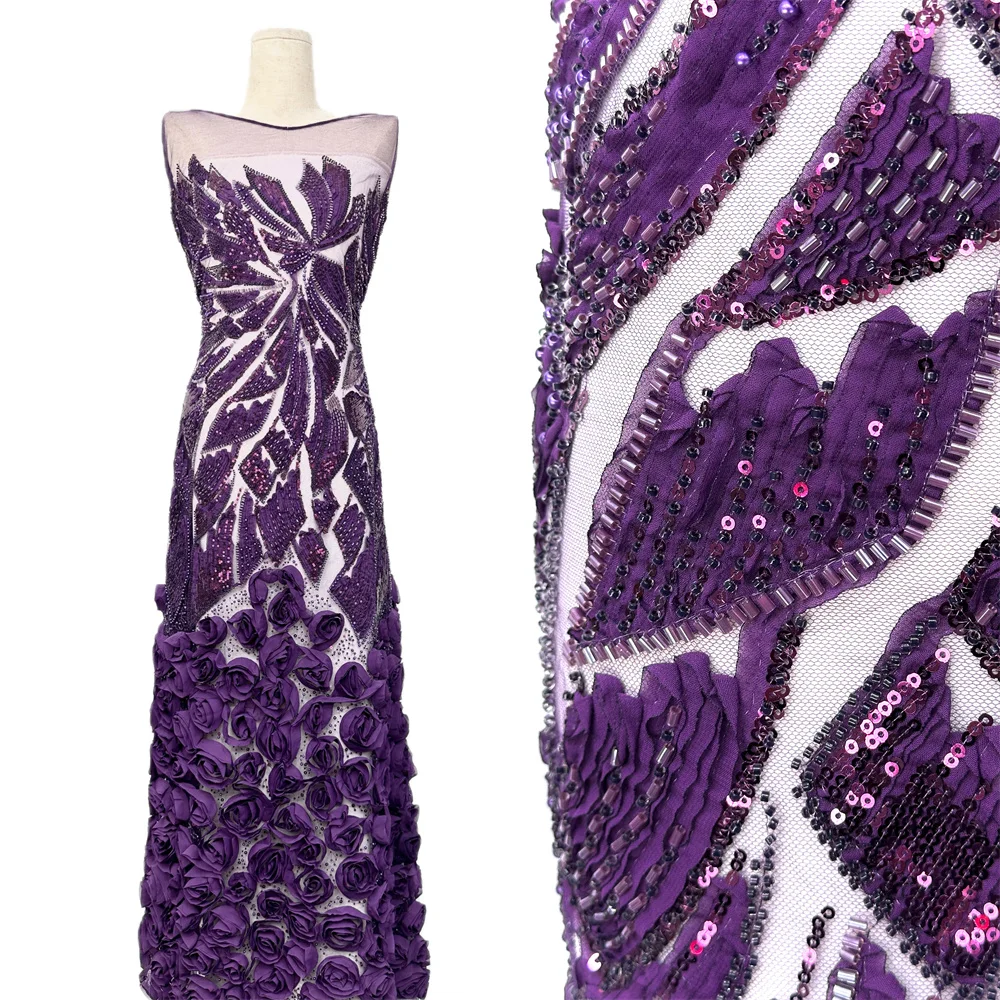 

Pink 3D Lace Flowers Latest African Lace Styles French Party Lace Fabrics 5 Yards Tulle Nigerian Beads Lace Fabrics For Bridal