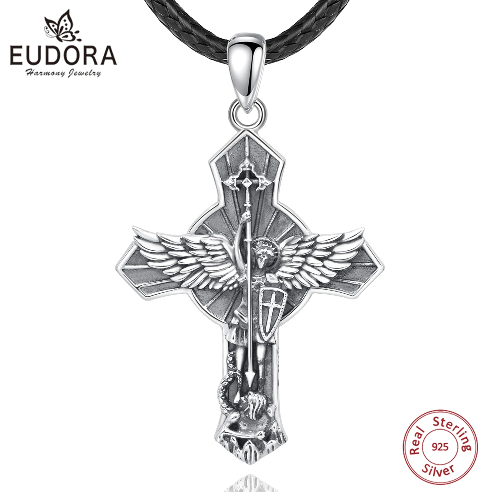 

Eudora New 925 Sterling Silver St. Michael Archangel Necklace for Men Women Vintage Wing Cross Pendant Religious Jewelry Gift