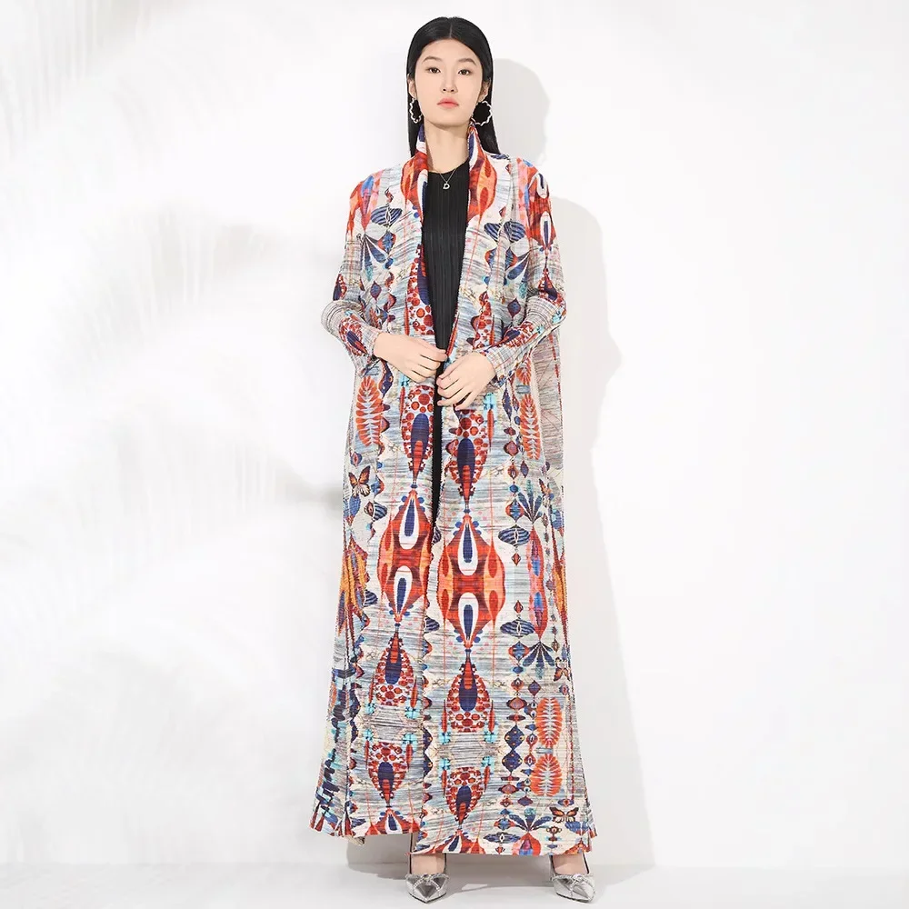 Miyake Pleated Vintage Printed Turn-down Collar Long Sleeve Long Jacket Women Designer Abaya New Dubai Fashion Plus Size Coats