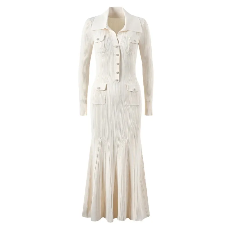 White Fishtail dress Autumn/winter new elegant ribbed slim-fit long-sleeved knit dress