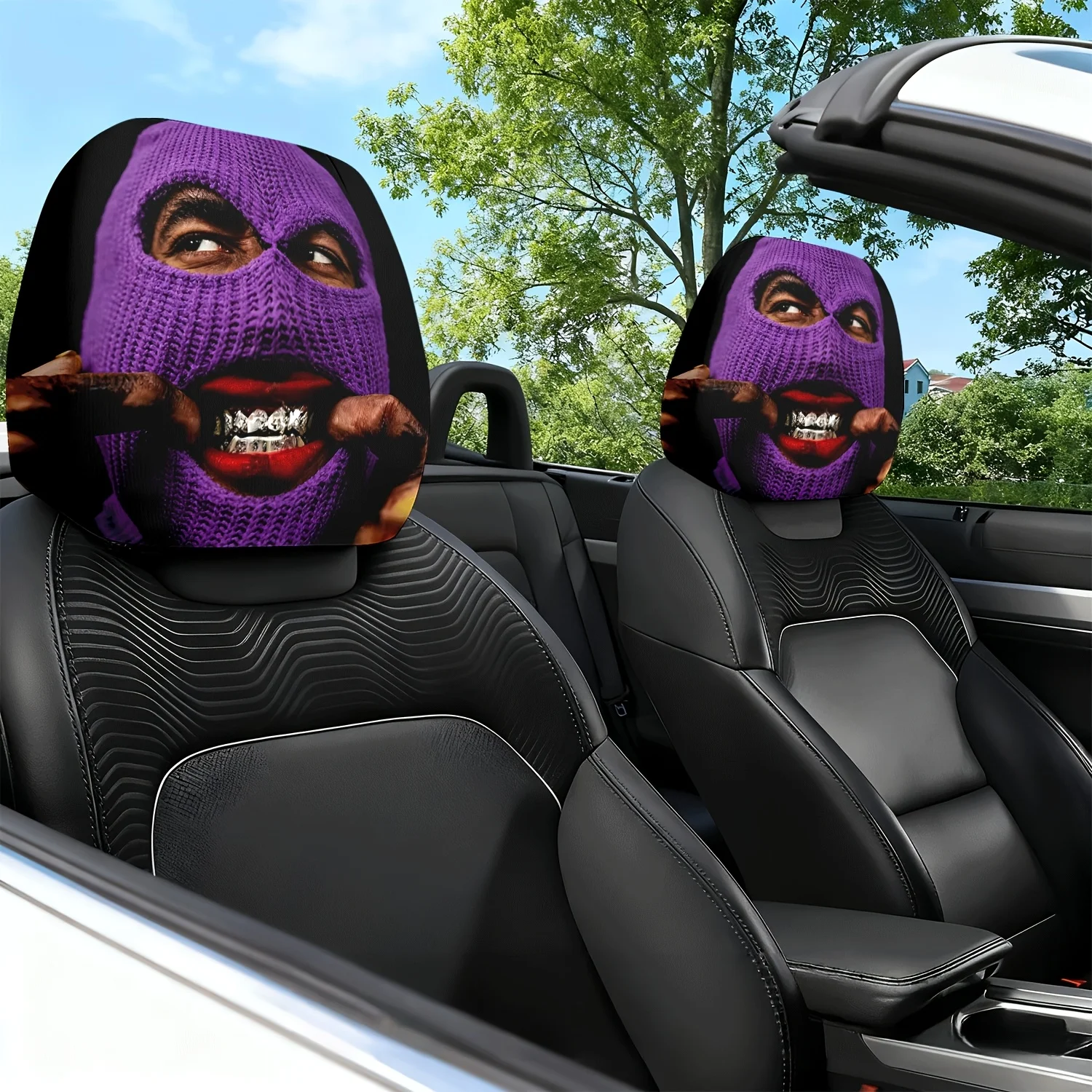 2pcs Purple Mask And Diamond Grill Mysterious Charm Theme Print Car Seat Cushion Headrest Neck Pillow Protector - with Cute De