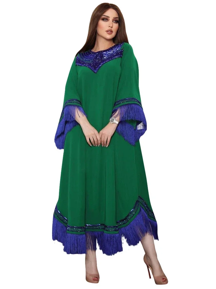 Eid Ramadan Morocco Dress Women Jalabiya Sequins Tassel Muslim Abaya Kaftan Evening Dress Green Party Vestidos Fashion Abayas