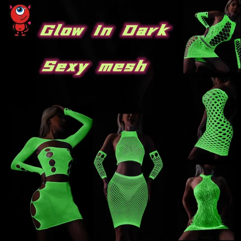 

Luminous Sexy Crotchless Fishnet Bodysuit Lingerie Women Erotic Outfit Stretch One-pieces Mesh Hollow Underwear Bodystocking