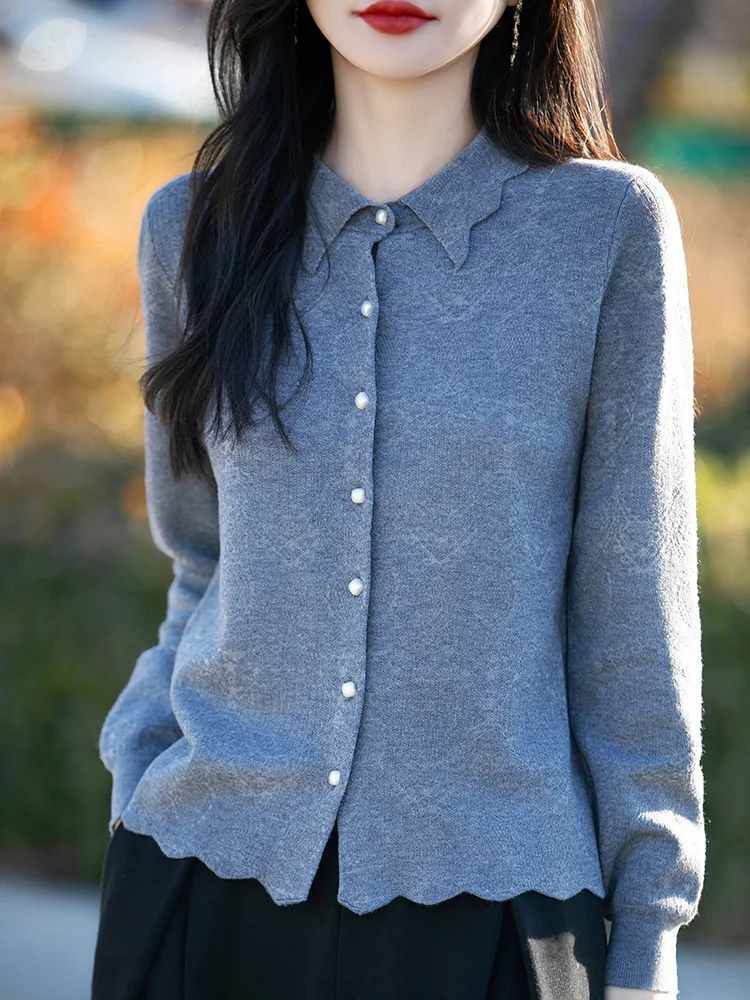 

New Fall Winter Wool Cardigan Long Sleeve POLO Collar Sweater Hollow Out Women Worsted Spinning Jacquard Sweater Fashion Coat