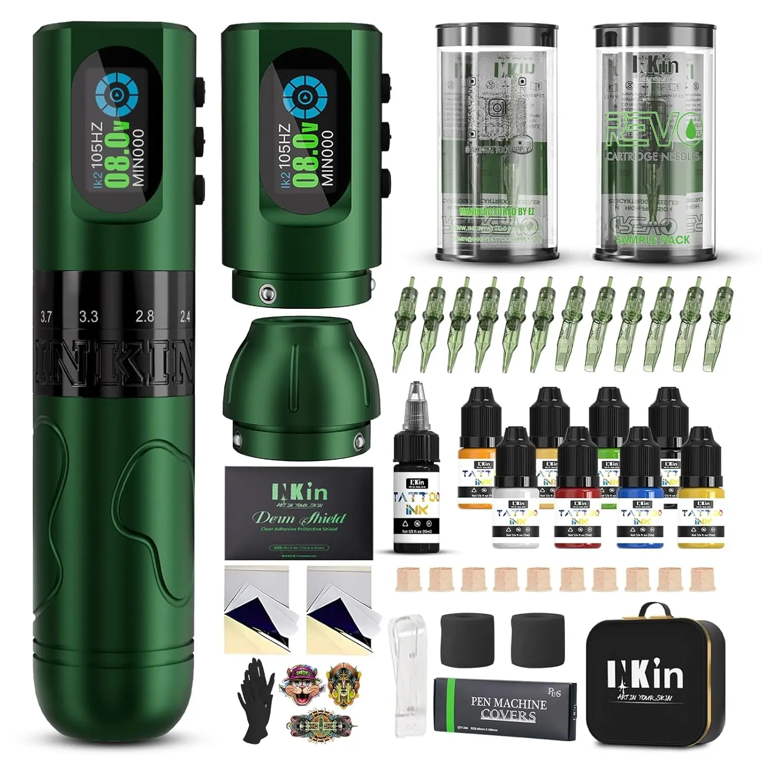 

Complete Tattoo Kit for Beginners, Wireless Adjustable Stroke 2.0-4.2mm Machine with Dual Batteries, Cartridge Needles & Case