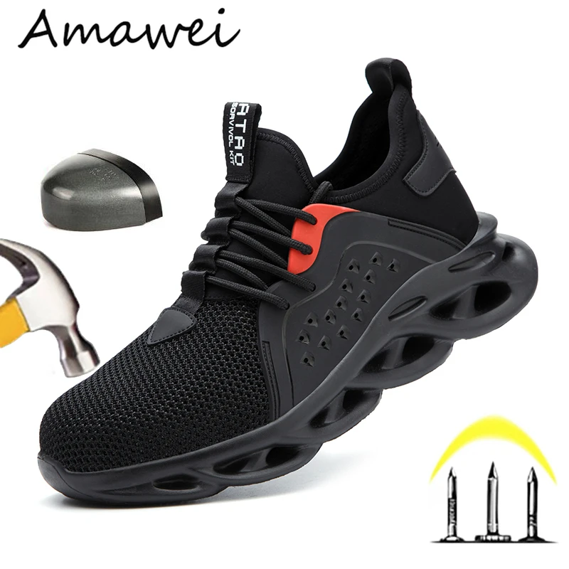 Amawei Unisex męskie trampki niezniszczalne buty ochronne damskie ze stalowym noskiem buty do pracy oddychające lekkie LBX808