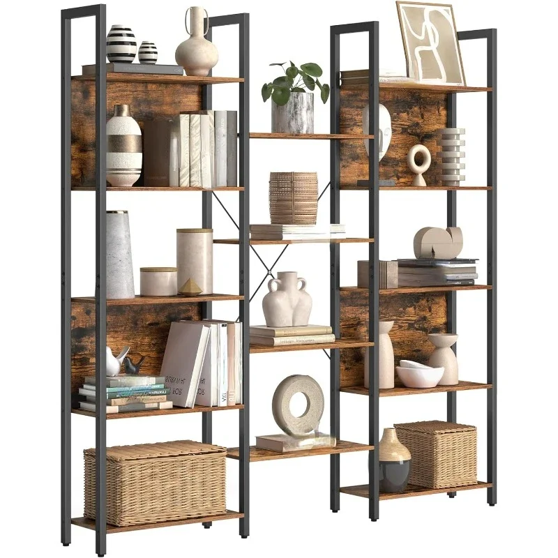 5-Tier Bookcase with 14 Shelves, Book Shelf with Metal Frame, Bookshelf for Living Room, Home Office, Industrial Style