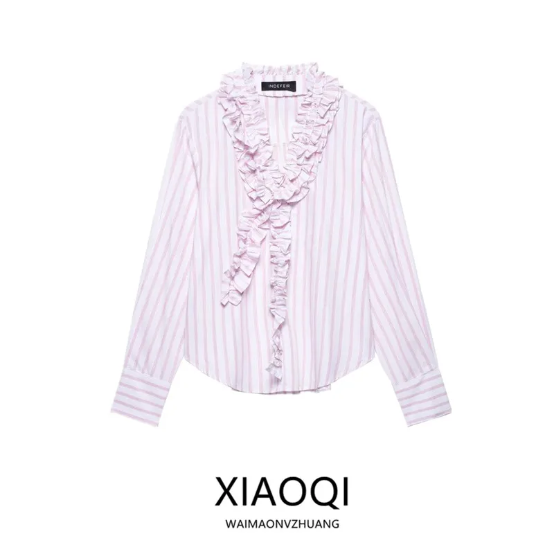 

Summer 2025 Women's Faion Pink 3D Wooden V-ne Striped Versatile irt Loose Fit Long Sve Versatile irt