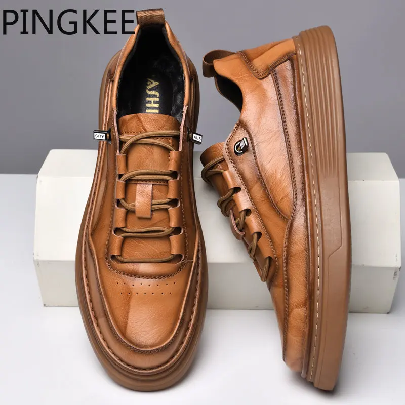 PINGKEE Male Sneakers Cowhide Leather Light Casual Sneaker Comfortable Shoes for Men Breathable Men's Lace Up SneakerS Shoes Men