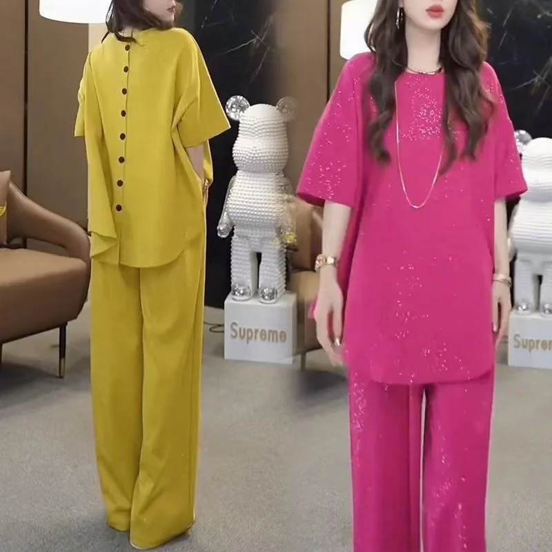 

Glittery Loose Women's Summer Fashion Set High Waist Long Pants Short Sleeve round Neck Two-Piece Ensemble Versatile plus Size