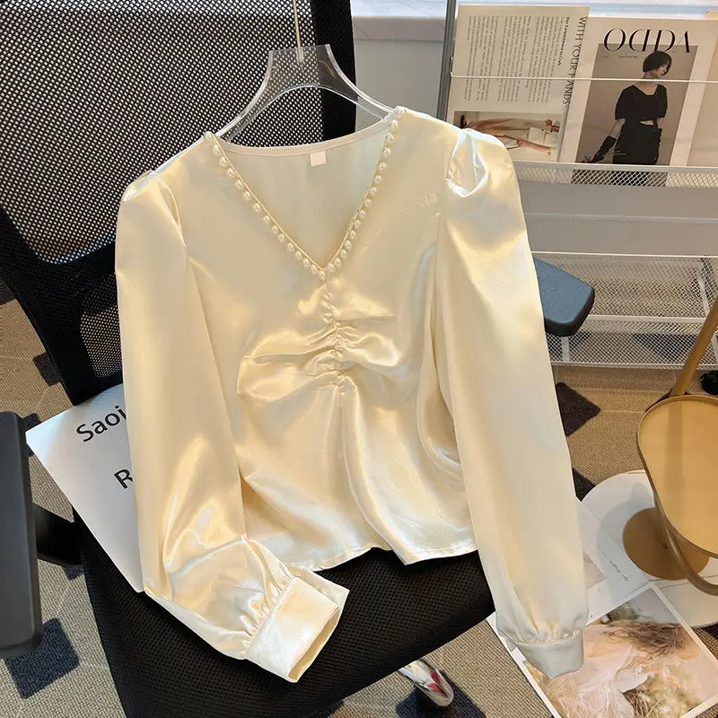 Women's Clothing Fashion Pearl Solid Satin Blouse Spring Summer Elegant France High Street V-Neck Tops