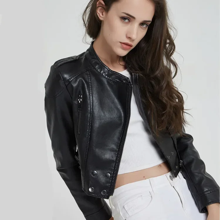 2025 Spring Womens Short Slim Fit Stand Collar Motorcycle Jacket Washed Small Leather Jacket Coat