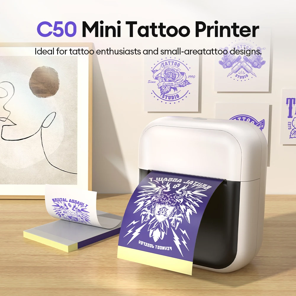 C50 Mini Tattoo Printer Portable Inkless Transfer Machine 2 Inch 15‑57mm Compatible With Phone PC iPad For Tattoo Pattern Logo