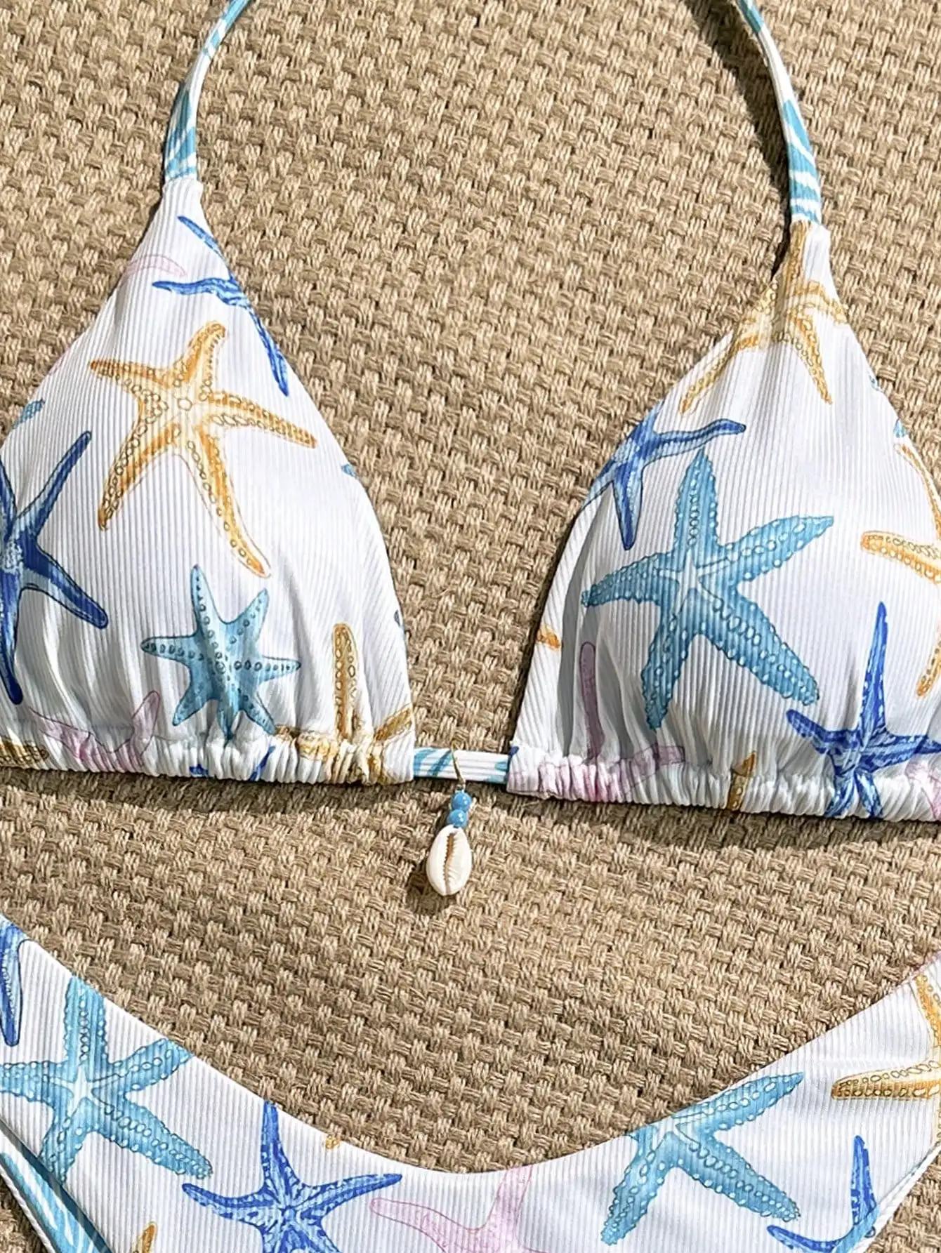 

Starfish Print Triangle Bikini Set With Shell Charm High-Cut Swim Bottoms