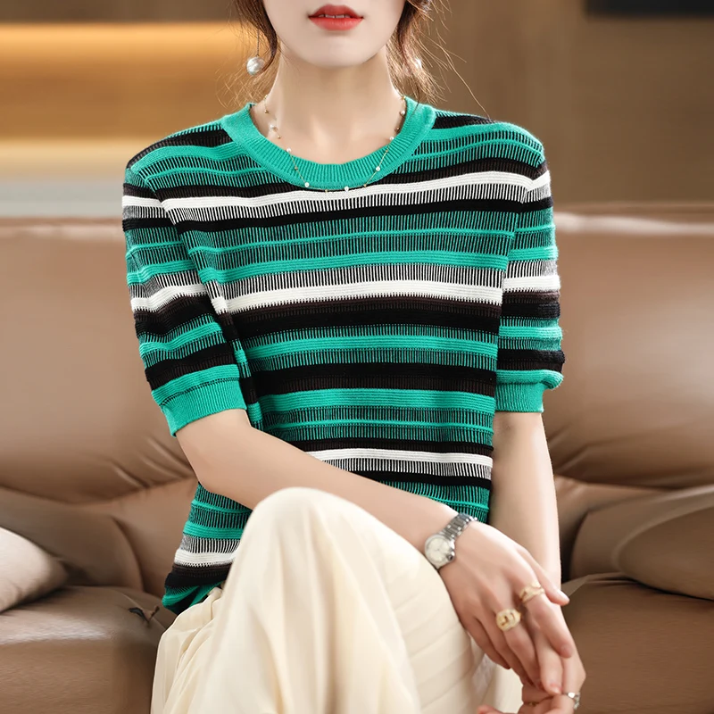 Women\'s T-shirt Spring/Summer 100% Cotton Knitwear Casual Striped Pullover Short Sleeve Round Neck Tees Loose Blouse