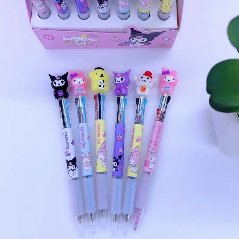 48pcs/ Box Creative Cartoon Pompom Purin Kuromi Tri-color Ballpoint Pen Cute Silicone Colored Pen Student Writing Pen Stationery