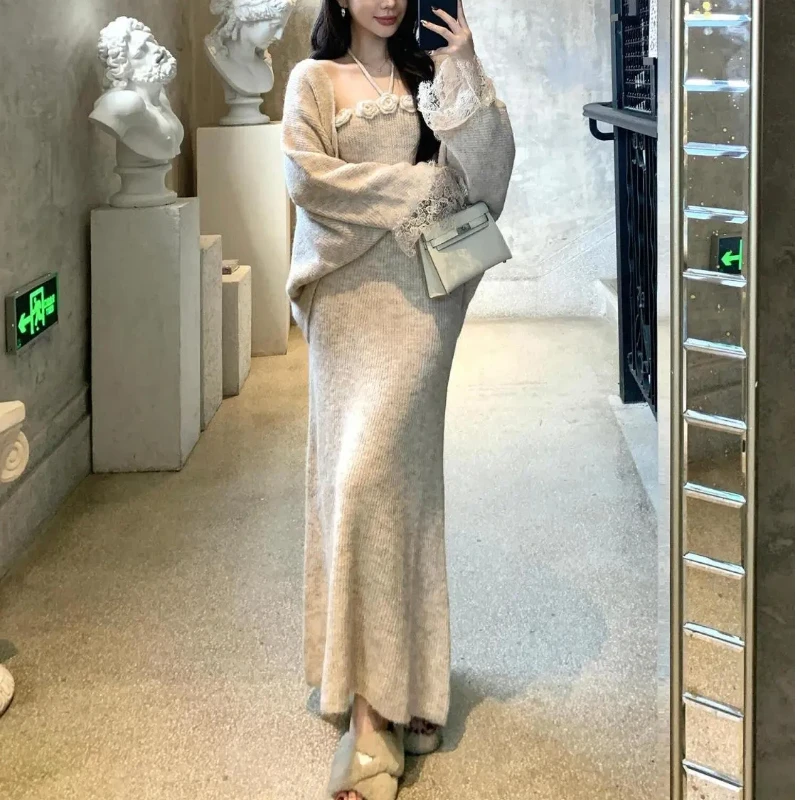 

Korean-style Gentle Flower Knitted Halter Dress with Lace Sleeve Shawl Cardigan Sweater Two-piece Suit
