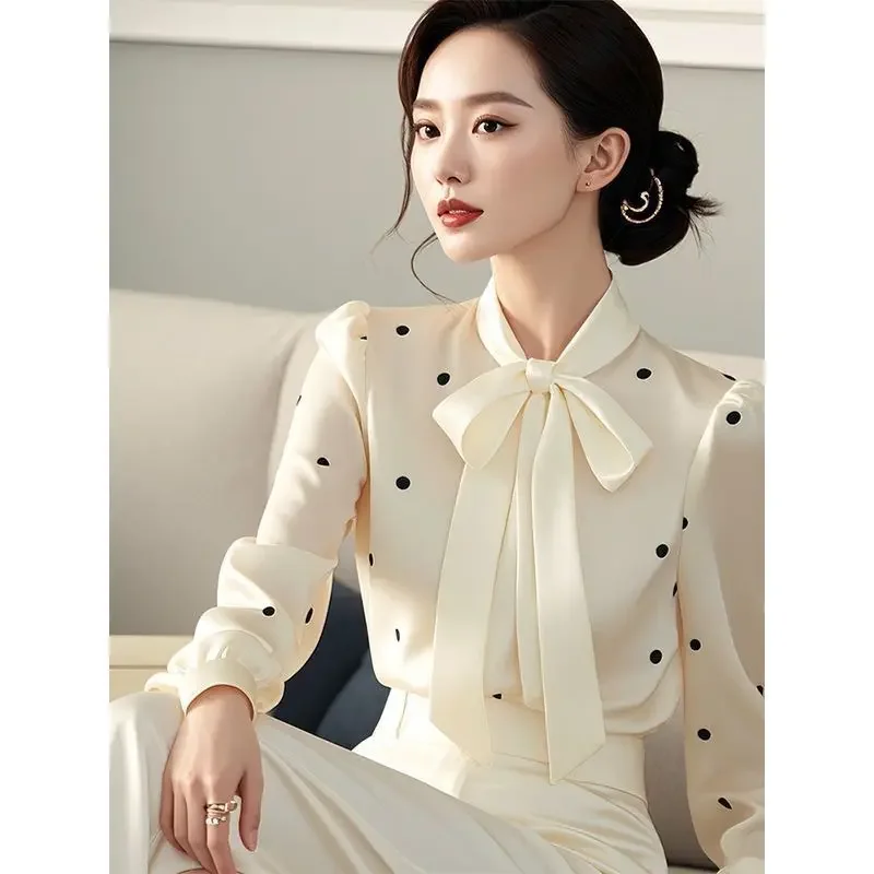 Women Stylish Polka Dots Print Lace-up Bow Blouses Office Lady Elegant Luxury Commute Shirts Spring Autumn Long Sleeve Slim Tops