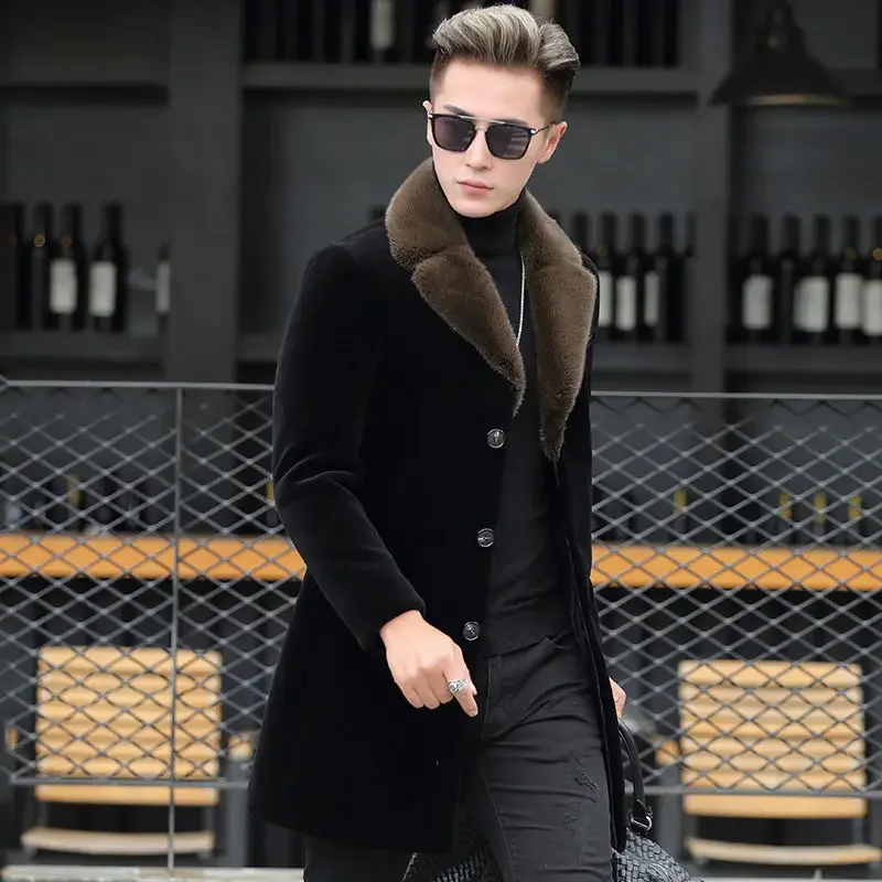 Winter New Mink Fleece Coat Imitation Fur Coat Men\'s Medium and Long Mink Coat Men\'s Suit Collar Thickened