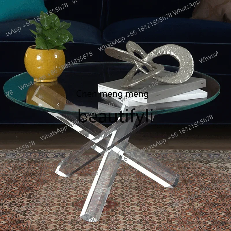 

SS simple transparent acrylic coffee table household living room round tempered glass tea table small apartment sofa edge table7
