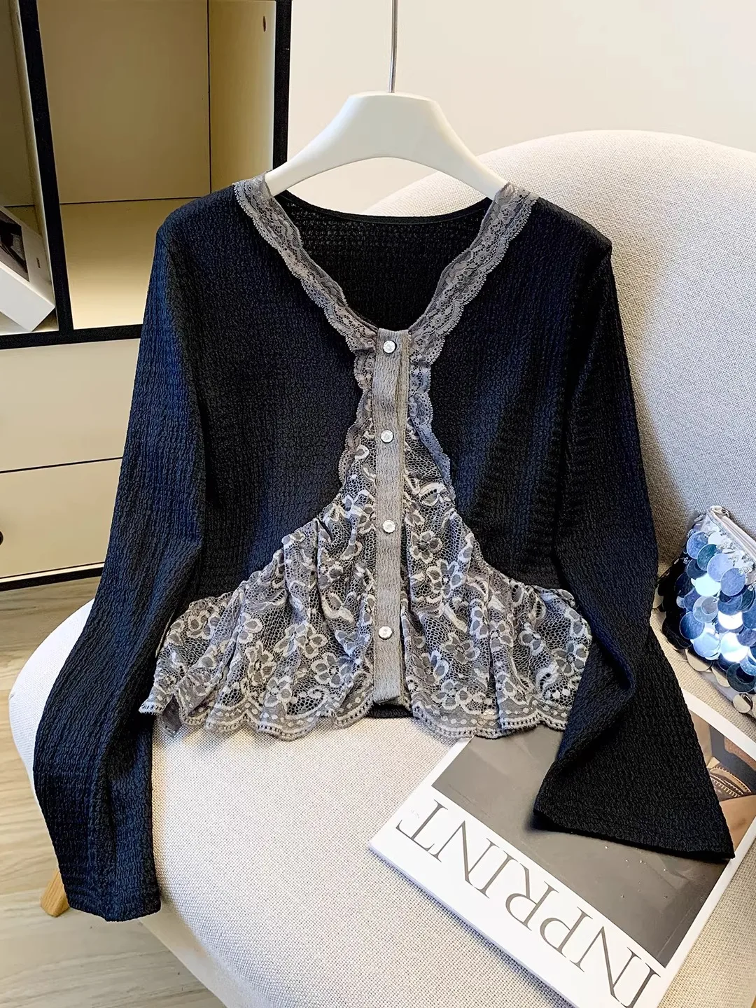 

Ele Lace Splice V-Ne вязаный свитер женский ort Sle осень-зима модный универсальный женский трикотаж топ