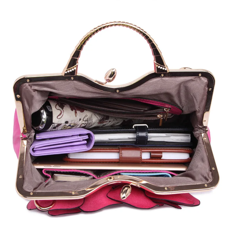 Women Fashion Colourful Big Flower Romantic Rose Metal Buckle Large Capacity Shoulder Bag Crossbody Bag Party Wedding Vacation